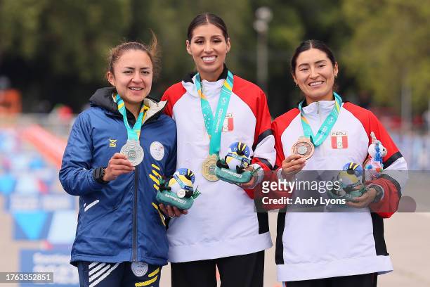 Silver medalist, Glenda Morejon of Team Ecuador, Gold medalist Gabriela Kimberly Garcia of Team Peru and Bronze medalist Evelyn Inga of team Peru in...