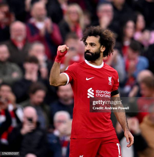 Mohamed Salah of Liverpool celebrates after scoring the third goal during the Premier League match between Liverpool FC and Nottingham Forest at...