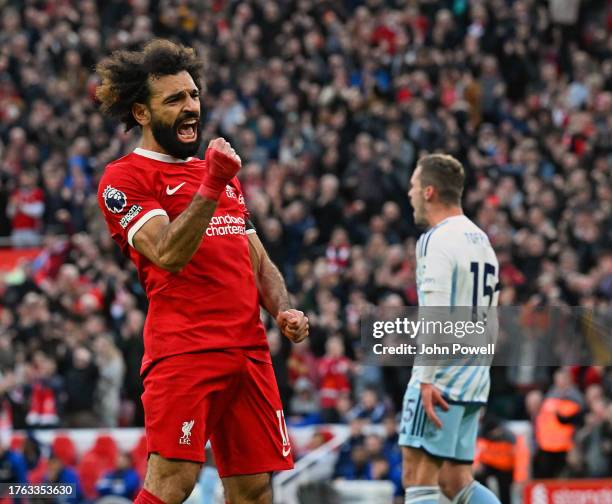 Mohamed Salah of Liverpool celebrates after scoring the third goal during the Premier League match between Liverpool FC and Nottingham Forest at...