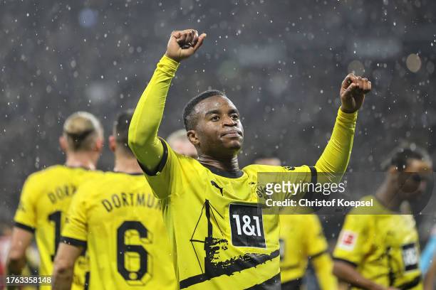 Youssoufa Moukoko of Borussia Dortmund celebrates after scoring the team's second goal during the Bundesliga match between Eintracht Frankfurt and...