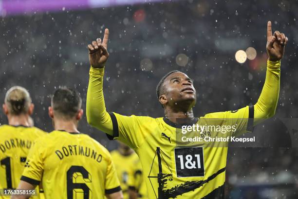 Youssoufa Moukoko of Borussia Dortmund celebrates after scoring the team's second goal during the Bundesliga match between Eintracht Frankfurt and...