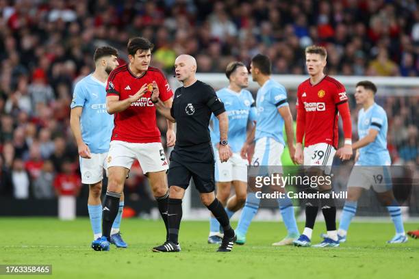 Harry Maguire of Manchester United appeals to Referee Paul Tierney during the Premier League match between Manchester United and Manchester City at...