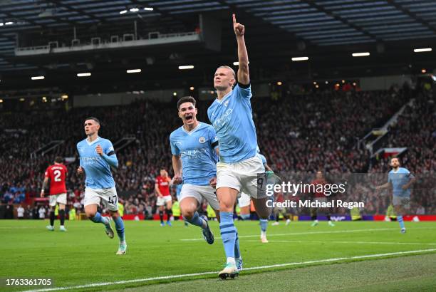 Erling Haaland of Manchester City celebrates after scoring the team's first goal from a penalty kick during the Premier League match between...