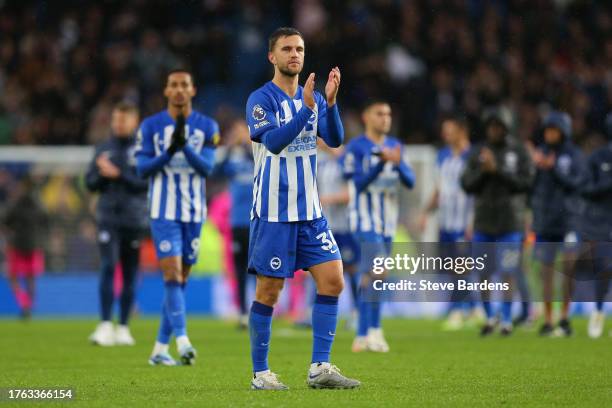 Joel Veltman of Brighton & Hove Albion applauds the fans following the Premier League match between Brighton & Hove Albion and Fulham FC at American...