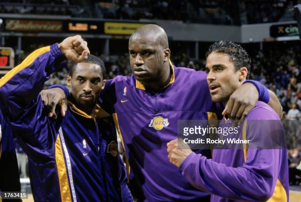 Kobe Bryant, Shaquille O'Neal and Rick Fox of the Los Angeles Lakers pose before the NBA game against the Sacramento Kings at Arco Arena on January...