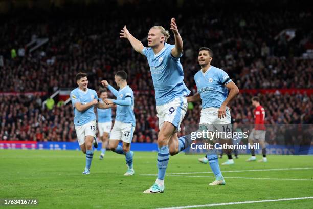 Erling Haaland of Manchester City celebrates after scoring the team's second goal during the Premier League match between Manchester United and...