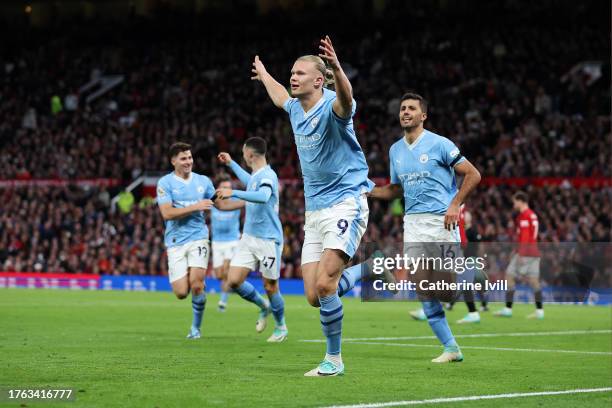 Erling Haaland of Manchester City celebrates after scoring the team's second goal during the Premier League match between Manchester United and...