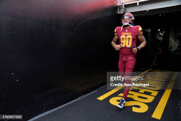 Montez Sweat of the Washington Commanders takes to the field prior to a game against the Philadelphia Eagles at FedExField on October 29, 2023 in...