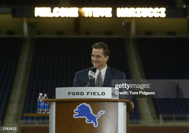 Head Coach Steve Mariucci of the Detroit Lions smiles while meeting with the media on February 5, 2003 at Ford Field in Detroit, Michigan.