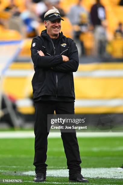 Head Coach Doug Pederson of the Jacksonville Jaguars looks on before the game against the Pittsburgh Steelers at Acrisure Stadium on October 29, 2023...