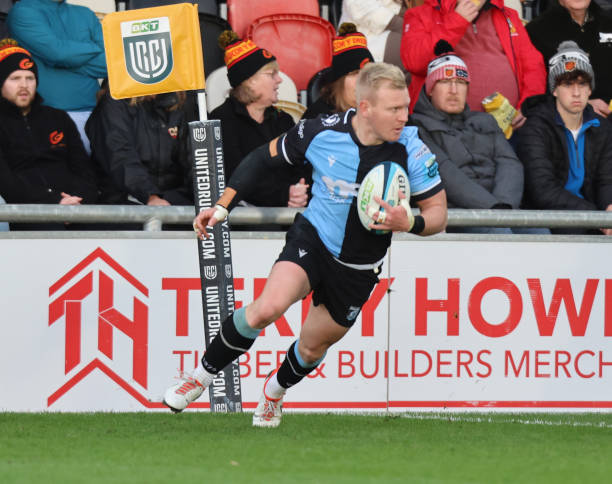 Tinus De Beer of Cardiff Rugby attacks during the BKT United Rugby Championship match between The Dragons RFC and Cardiff Rugby at Rodney Parade on...