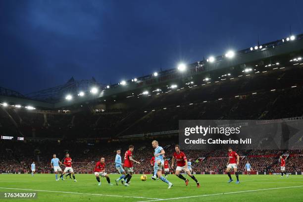 General view of play during the Premier League match between Manchester United and Manchester City at Old Trafford on October 29, 2023 in Manchester,...