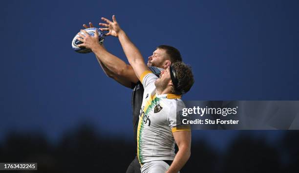 Falcons captain Callum Chick and Angus Scott-Young of Saints compete for a lineout during the Gallagher Premiership Rugby match between Newcastle...