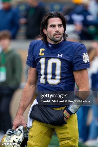 Sam Hartman of Notre Dame before a game between University of Pittsburgh and University of Notre Dame at Notre Dame Stadium on October 28, 2023 in...