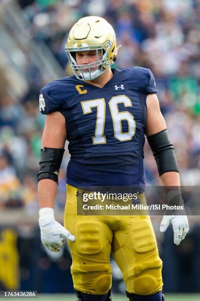 Joe Alt of Notre Dame during a game between University of Pittsburgh and University of Notre Dame at Notre Dame Stadium on October 28, 2023 in South...