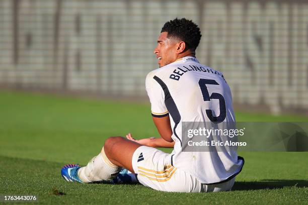 Jude Bellingham of Real Madrid looks on during the LaLiga EA Sports match between FC Barcelona and Real Madrid CF at Estadi Olimpic Lluis Companys on...