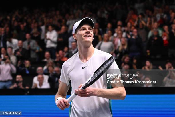 Jannik Sinner of Italy celebrates after winning his final match against Daniil Medvedev of Russia during day nine of the Erste Bank Open 2023 at...