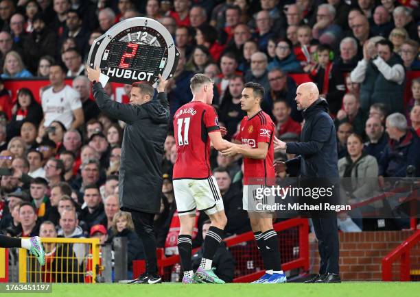 Sergio Reguilon of Manchester United is substituted on as teammate Rasmus Hojlund leaves the field during the Premier League match between Manchester...