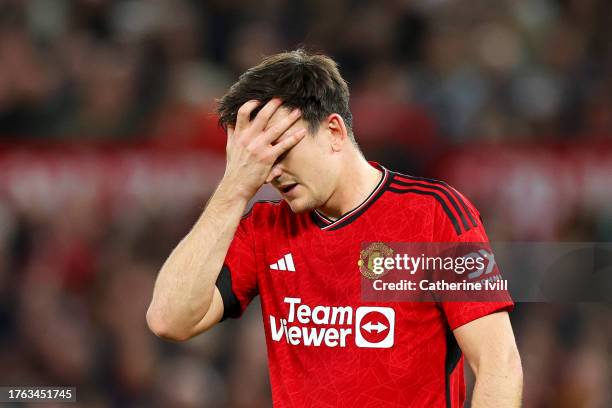 Harry Maguire of Manchester United reacts during the Premier League match between Manchester United and Manchester City at Old Trafford on October...