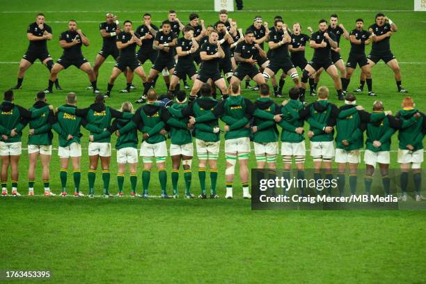 New Zealand players perform the Haka prior to the Rugby World Cup France 2023 Gold Final match between New Zealand and South Africa at Stade de...