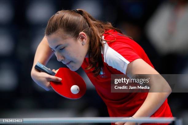 Arantxa Cossio of Mexico competes against Nathaly Paredes and Angelica Arellano of Ecuador during the Women's Double 1/8 Finals Table Tennis at...