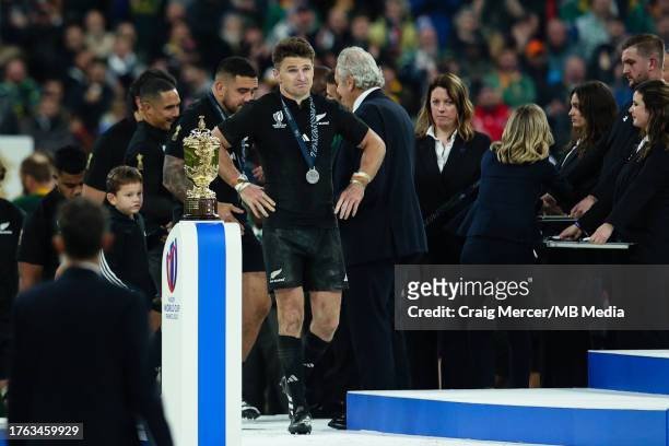 Dejection for Beauden Barrett of New Zealand as he leaves the stage with his runners-up medal following defeat in the Rugby World Cup France 2023...