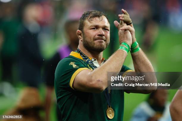 Duane Vermeulen of South Africa applauds the fans following his sides victory after the Rugby World Cup France 2023 Gold Final match between New...