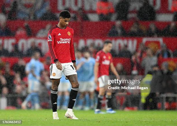 Marcus Rashford of Manchester United looks dejected during the Premier League match between Manchester United and Manchester City at Old Trafford on...