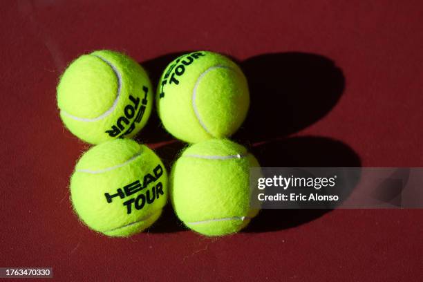 Official balls of the tournament are seen during the 2023 ITF World Tennis Tour W100 Les Franqueses del Valles at Club Tennis Els Gorchs on October...