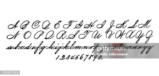 old engraved illustration of handwritten english alphabet and numbers 1 to 9 - symbole orthographique photos et images de collection