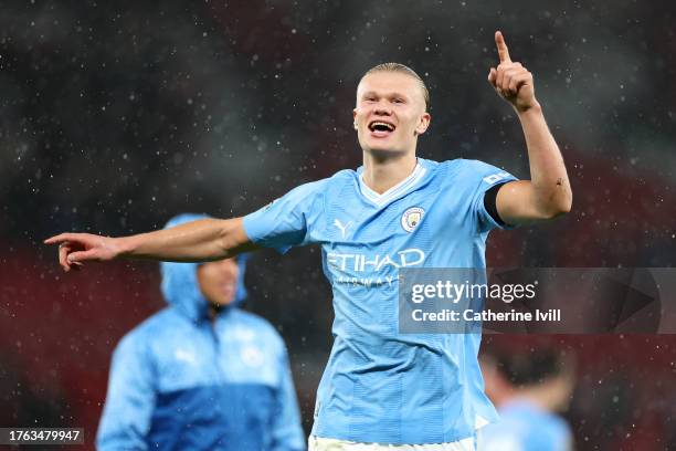 Erling Haaland of Manchester City celebrates after the team's victory in the Premier League match between Manchester United and Manchester City at...