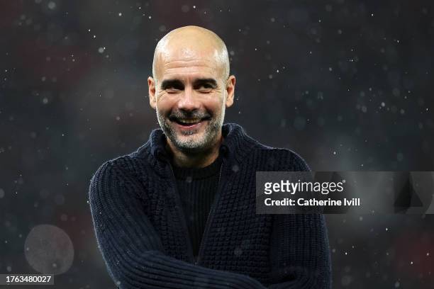 Pep Guardiola, Manager of Manchester City, celebrates after the team's victory in the Premier League match between Manchester United and Manchester...