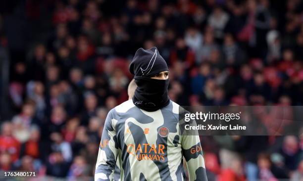 Achraf Hakimi of Paris Saint-Germain reacts during the Ligue 1 Uber Eats match between Stade Brestois 29 and Paris Saint-Germain at Stade Francis Le...