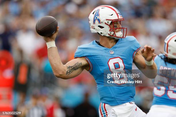 Will Levis of the Tennessee Titans throws the ball during the first half against the Atlanta Falcons at Nissan Stadium on October 29, 2023 in...