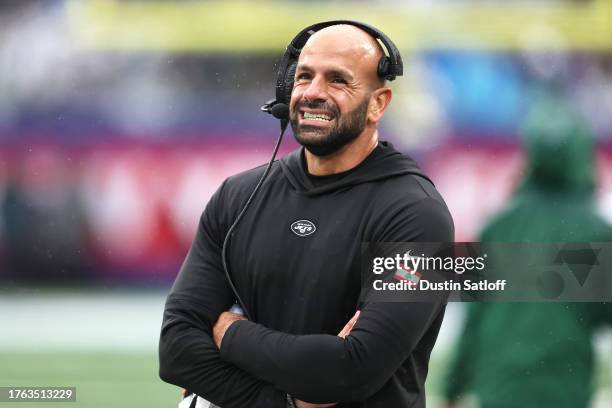 Head coach Robert Saleh of the New York Jets reacts during the second quarter against the New York Giants at MetLife Stadium on October 29, 2023 in...