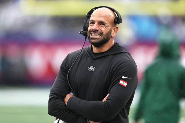Head coach Robert Saleh of the New York Jets reacts during the second quarter against the New York Giants at MetLife Stadium on October 29, 2023 in...