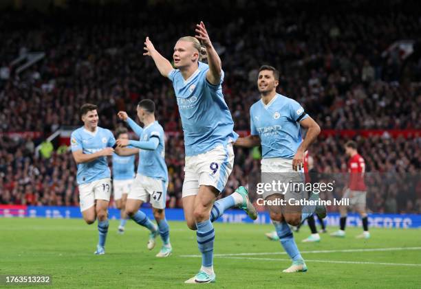 Erling Haaland of Manchester City celebrates after scoring the team's second goal during the Premier League match between Manchester United and...