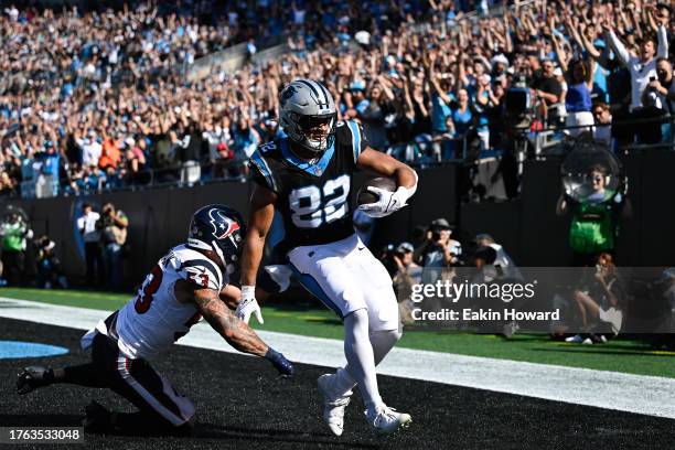 Tommy Tremble of the Carolina Panthers scores a touchdown during the second quarter of the game against the Houston Texans at Bank of America Stadium...