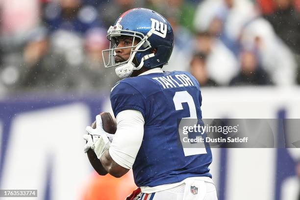 Tyrod Taylor of the New York Giants attempts a pass during the first quarter against the New York Jets at MetLife Stadium on October 29, 2023 in East...