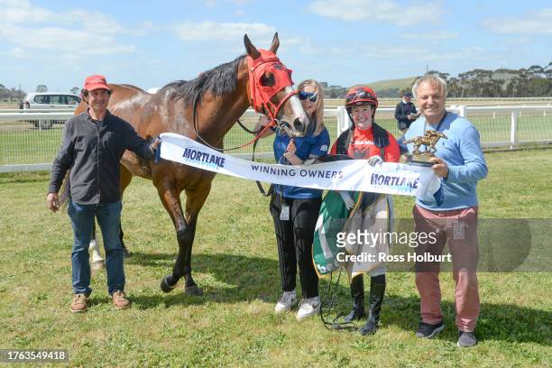 Connections of Albanian Wrestler after winning the Westvic Tyres Maiden Plate at Mortlake Racecourse on November 04, 2023 in Mortlake, Australia.