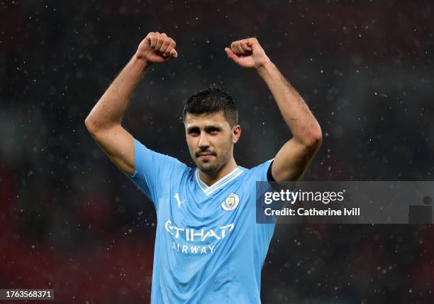 Rodri of Manchester City celebrates after the Premier League match between Manchester United and Manchester City at Old Trafford on October 29, 2023...