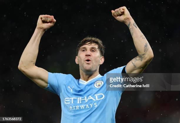 John Stones of Manchester City celebrates after the Premier League match between Manchester United and Manchester City at Old Trafford on October 29,...