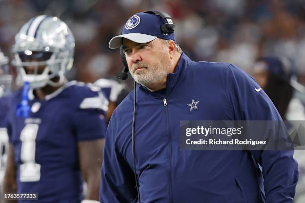 Head coach Mike McCarthy of the Dallas Cowboys looks on during a game against the Los Angeles Rams at AT&T Stadium on October 29, 2023 in Arlington,...