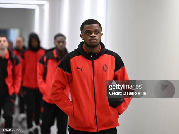 Pierre Kalulu of AC Milan arrives before the Serie A TIM match between SSC Napoli and AC Milan at Stadio Diego Armando Maradona on October 29, 2023...
