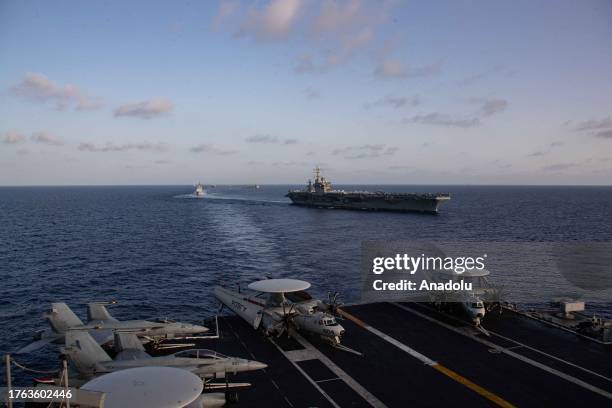 Aircraft carriers of the United States Navy USS Gerald R. Ford and USS Dwight D. Eisenhower operate together in eastern Mediterranean on November 03,...