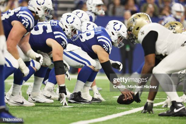 Ryan Kelly of the Indianapolis Colts waits to snap the ball during the third quarter against the New Orleans Saints at Lucas Oil Stadium on October...