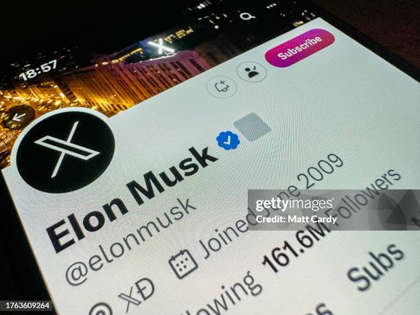 In this photo illustration the Elon Musk's Twitter page is displayed on a smartphone screen on October 29, 2023 in Bath, England. It has been over a...