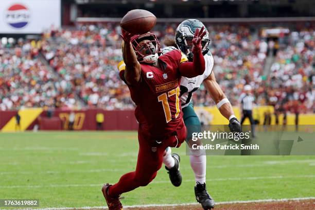 Terry McLaurin of the Washington Commanders reaches for a pass in the second half of a game against the Philadelphia Eagles at FedExField on October...