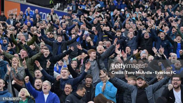 Fans of Everton celebrate after the Premier League match between West Ham United and Everton FC at London Stadium on October 29, 2023 in London,...