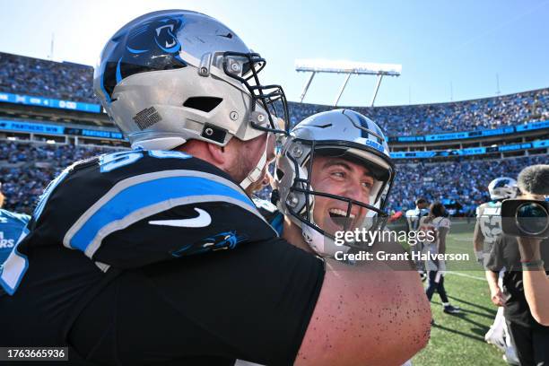 Eddy Pineiro of the Carolina Panthers celebrates after scoring the game winning field goal during the fourth quarter of the game against the Houston...